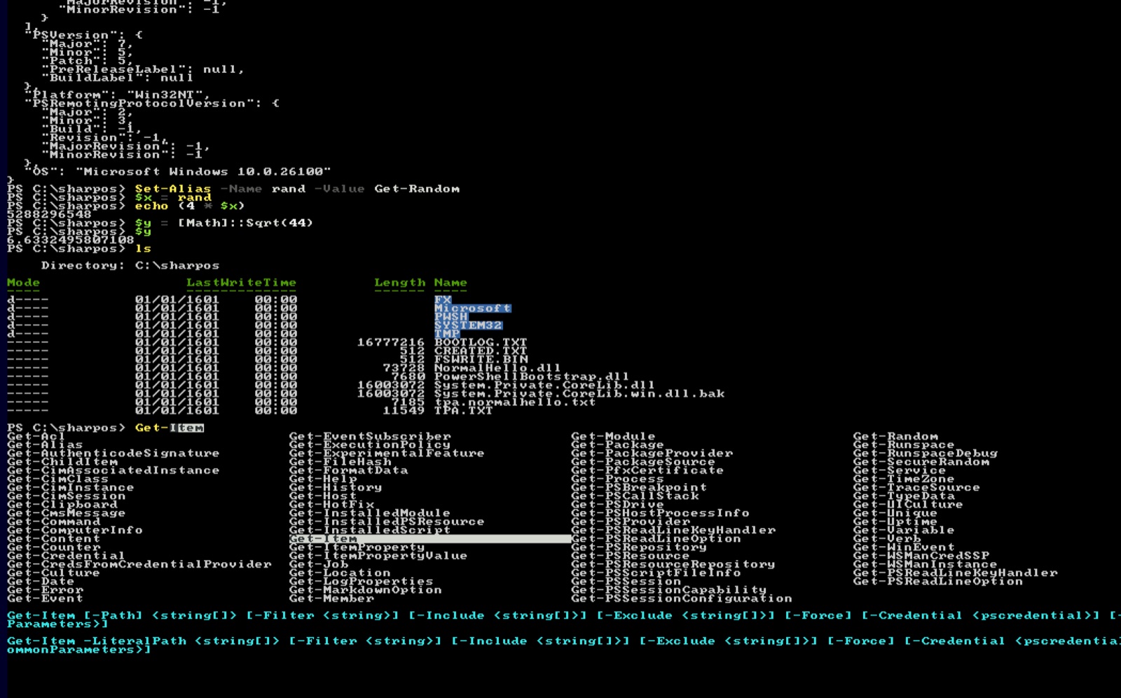 PowerShell 7.6.5 running on SharpOS: Get-ChildItem, tab completion, variables