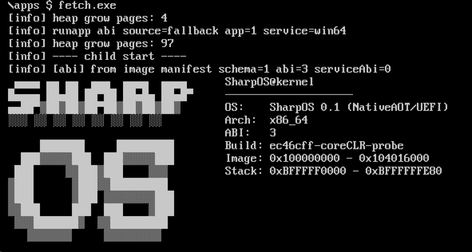 SharpOS launcher and fetch.exe output